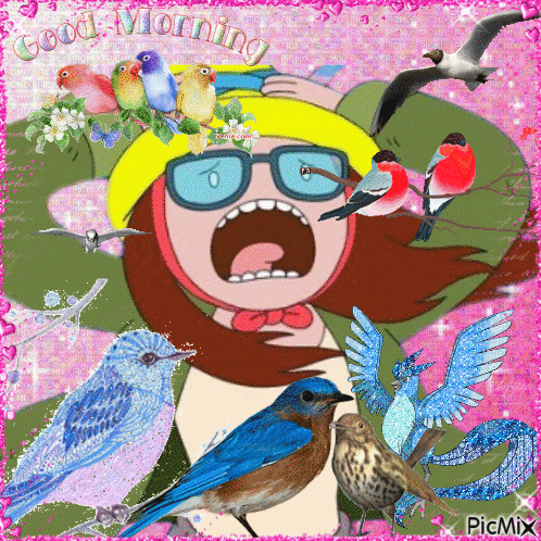 a picture of a girl surrounded by birds with the words good morning on the bottom