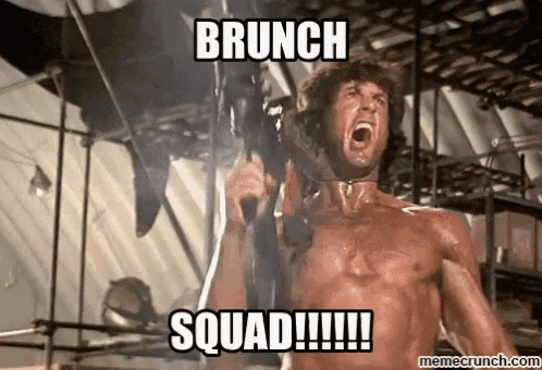 a shirtless man is holding a gun and shouting brunch squad