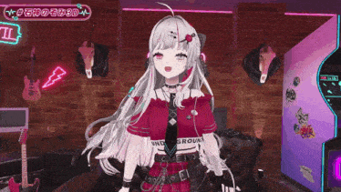 a girl with long white hair is standing in a room with a brick wall and a video game machine .