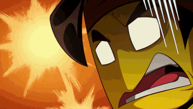 a close up of a cartoon character 's face with a surprised look on his face