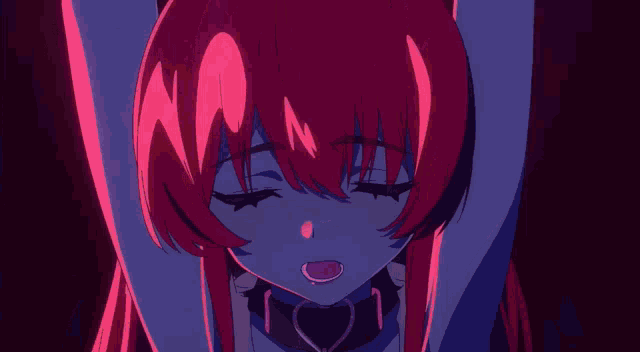 a girl with red hair and a purple background has her eyes closed