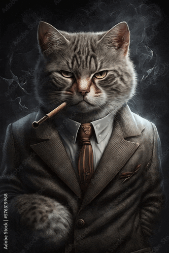 a cat wearing a suit and tie is smoking a cigarette