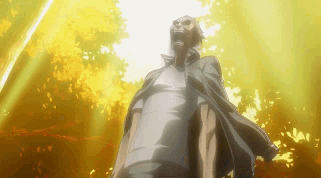 a cartoon of a man with his mouth open standing in front of trees