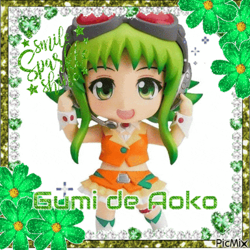 a picture of gumi de aoko is surrounded by green and gold flowers