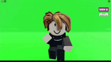 a roblox character with brown hair and a black shirt is standing in front of a green screen .