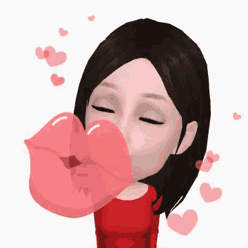 a woman in a red shirt is blowing a kiss with hearts surrounding her .