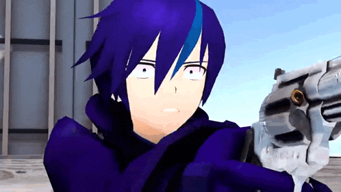 a purple haired anime character holding a gun