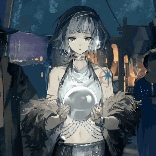 a drawing of a girl holding a glass ball