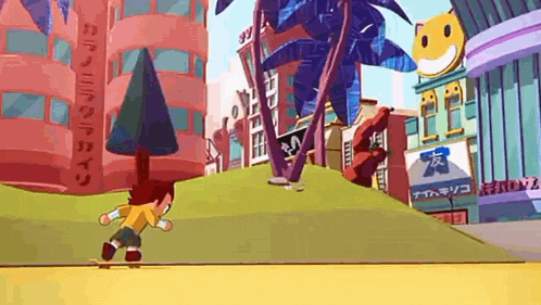 a cartoon of a boy riding a skateboard down a hill in a city .