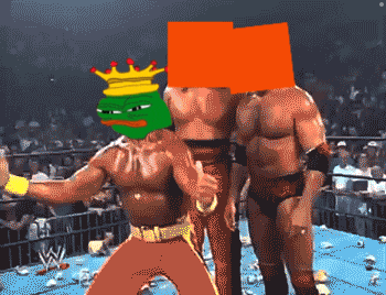 a wrestler with a green face and a yellow crown on his head stands next to another wrestler