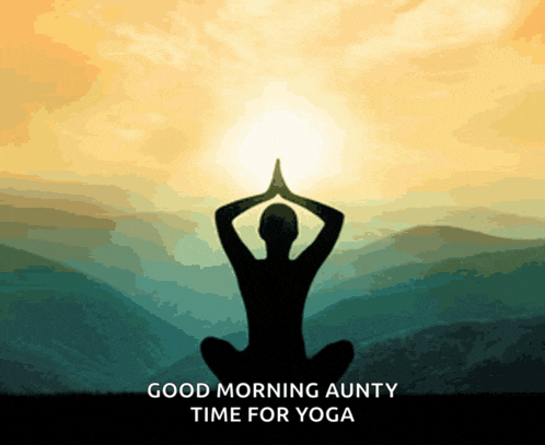 a silhouette of a person doing yoga with the words good morning aunty time for yoga below
