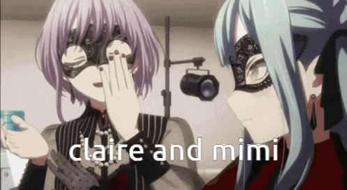 two anime girls wearing masks with the words " claire and mimi " written below them