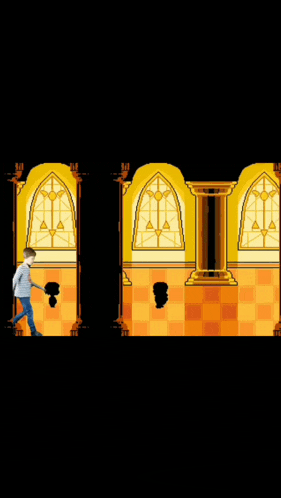 a boy is standing in a room with yellow walls and columns