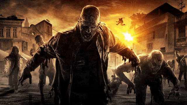 a bunch of zombies are walking down a street