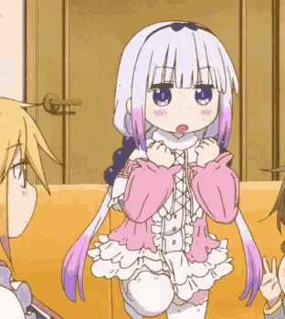 a girl with white hair and pink and purple hair is standing next to another girl
