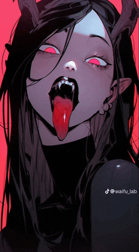 a girl with horns is sticking her tongue out