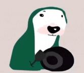 a cartoon dog wearing a green hood is holding a black object .