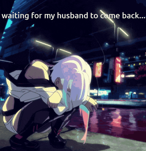 a cartoon of a woman kneeling down with the words " waiting for my husband to come back "