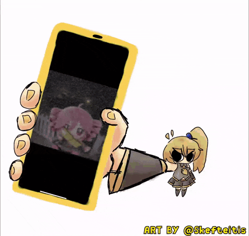a drawing of a girl holding a cell phone with the words art by @skeftteitis on the bottom right