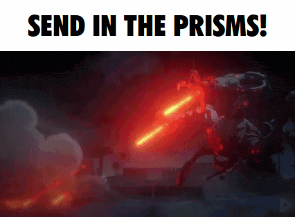 a poster that says send in the prisms with a red light coming out of it