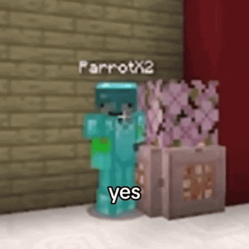 a minecraft character is standing next to a potted plant and a brick wall .