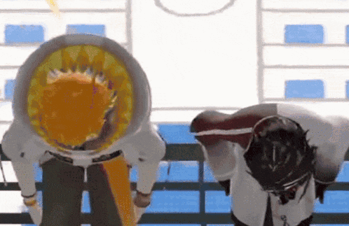 a couple of cartoon characters are standing next to each other with their heads down