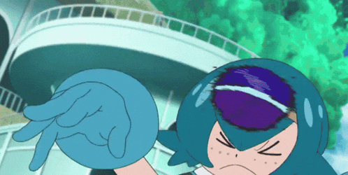 a cartoon character is wearing a blue glove and has a purple eye .