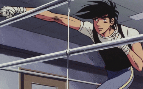 a cartoon of a man with bandages on his hands is standing on a railing