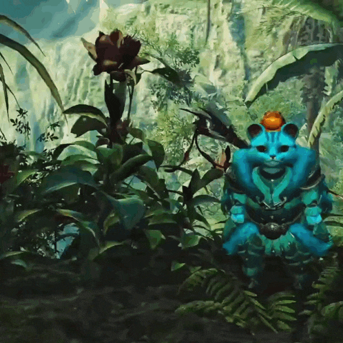 a blue cat with a yellow hat is standing in a jungle