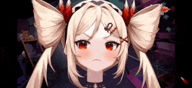 a close up of a anime girl with pigtails and red eyes making a funny face .