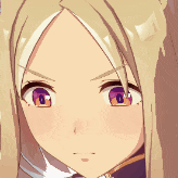 a close up of a girl 's face with purple eyes
