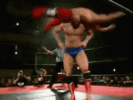 two men are wrestling in a ring and one of them is doing a flip