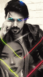 a black and white photo of a man and a woman with neon lines around them