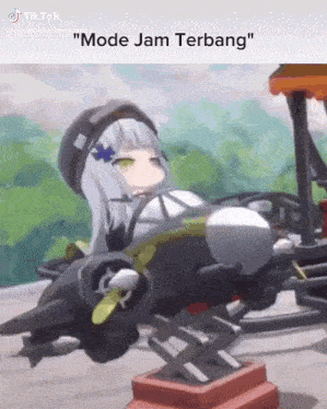 a girl is sitting in a toy airplane with a caption that says " mode jam terbang "