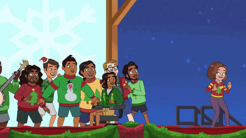 a group of people wearing ugly christmas sweaters are standing on a stage
