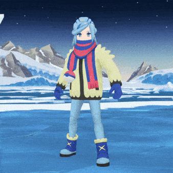 a cartoon character wearing a scarf and boots stands in front of a snowy mountain