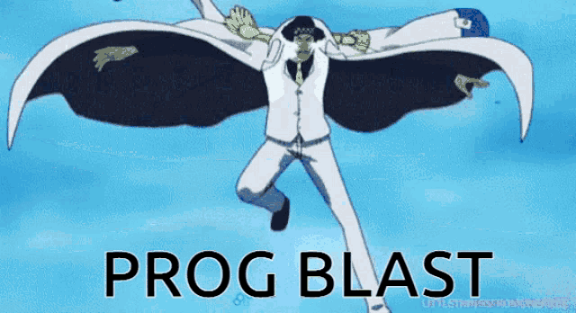 a man in a cape is flying in the air with the words prog blast behind him