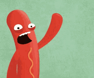 a cartoon drawing of a hot dog with a yellow stripe on it