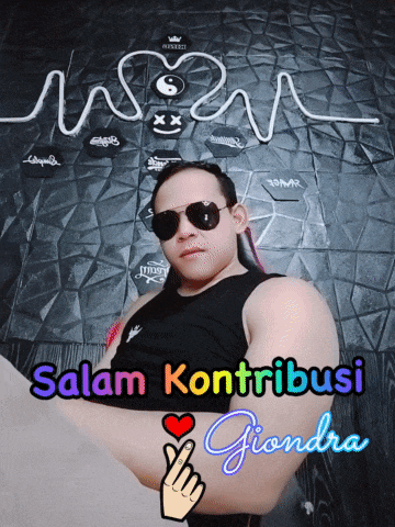 a man wearing sunglasses and a black tank top with the words salam kontribusi giendra below him