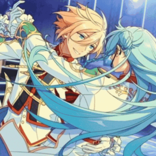 a couple of anime characters are dancing together and one has long blue hair
