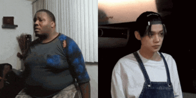 a man in overalls stands next to another man in overalls