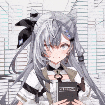 a girl with gray hair is holding a book that says mt