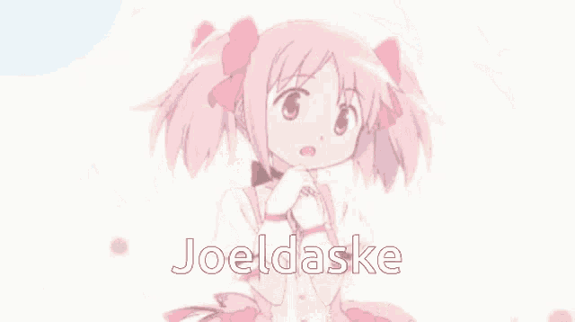 a close up of a pink anime girl with the name joeldaske written on the bottom