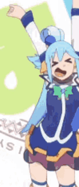 a girl with blue hair is standing with her arms outstretched .