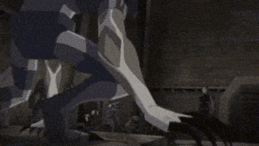 a cartoon character with glowing arms is standing in a dark room