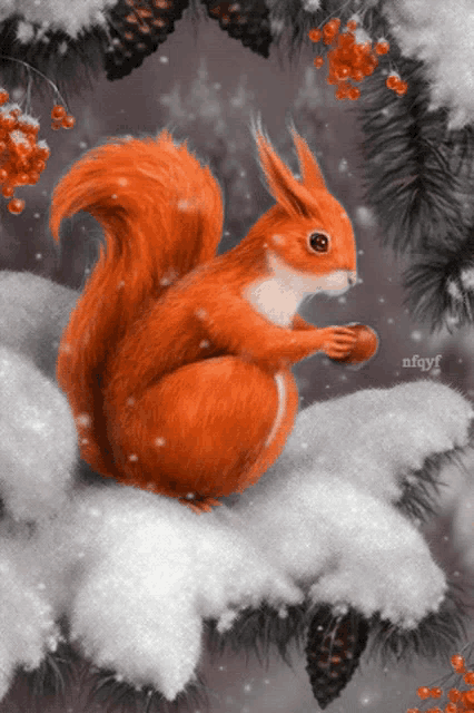 a squirrel is sitting in the snow with a nut in its paws