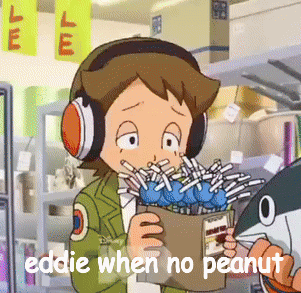 a cartoon character with headphones is holding a bag of peanuts and says eddie when no peanuts