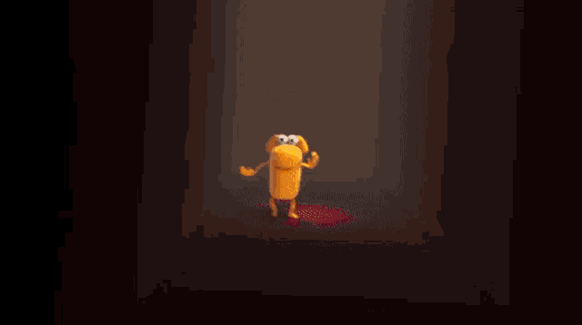 a cartoon character is standing in a dark room with a red carpet