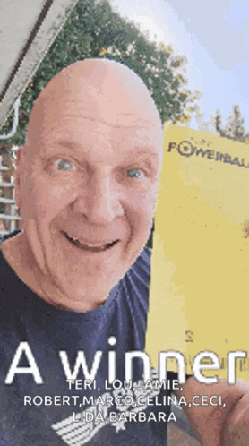 a bald man is holding a lottery ticket that says a winner