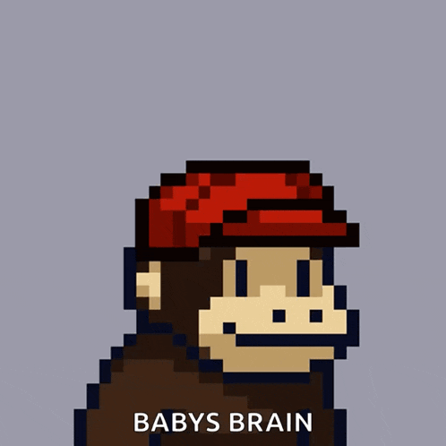 a pixel art of a monkey with a red hat and the words babys brain